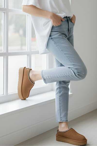 HİGHRUN Kalın Taban İçi Kürklü Ev ve Dışarı Terliği Kadın