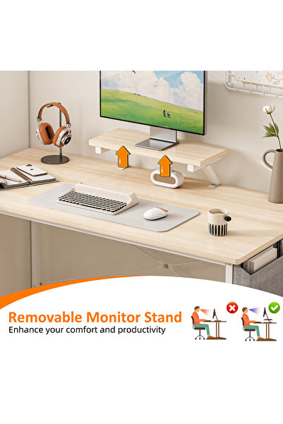 Bojasmiial Ergonomic Computer Desk Table with Storage Bag & Monitor Stand for Home Office, Study, Gaming