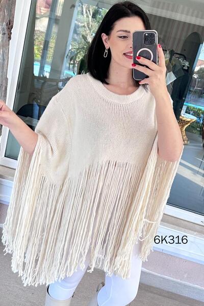 İnce Topuk Crew Neck Tasseled Knitwear Poncho 6K316