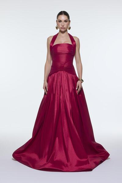 CENGIZ AKTURK Boyundan Askılı Drapeli Tafta Uzun Abiye Elbise - 9280C