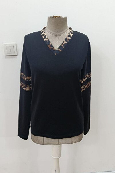 Mossta Μπλούζα με λεοπάρ λεπτομέρεια με λαιμόκοψη σε σχήμα V από βισκόζη με δύο κλωστές - Μαύρο