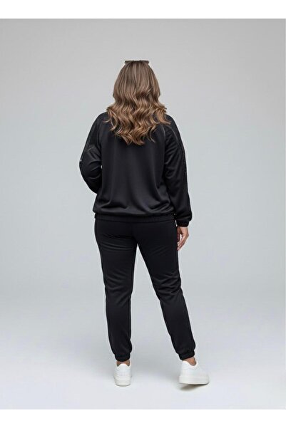 Koza Butik Women's Plus Size Guipure Detailed Zippered Scuba Tracksuit Set 8217-26