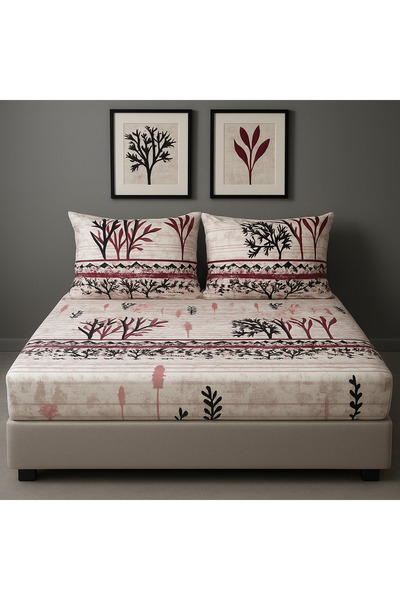 GOOD MORNİNG PAMUKKALE Red Branch Pattern Battal Elastic Sheet Set (180X200) + 2 Pillowcases