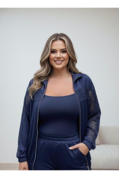 Koza Butik Women's Plus Size Guipure Detailed Zippered Scuba Tracksuit Set 8217-26