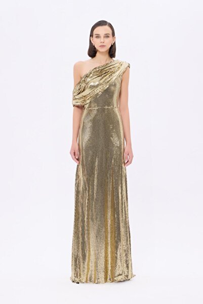 CENGIZ AKTURK Asimetrik Yaka Payetli Uzun Abiye Elbise - 9305C