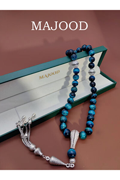 MAJOOD 33 مسبحة صلاة من حجر عين النمر الأزرق الحقيقي، مقاس 10 مم، للرجال والنساء