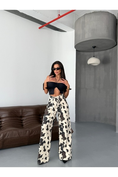 HerTon Kadın Yüksek Bel Geniş Paça İnek Desenli Denim Pantolon – Trend Baskıl...