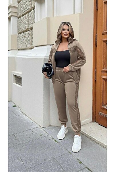 Koza Butik Women's Plus Size Guipure Detailed Zippered Scuba Tracksuit Set 8217-26
