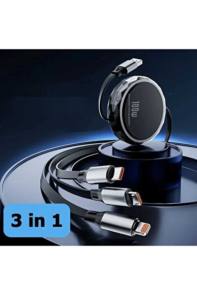 Platoon 100W (WATT) 3in1 Usb Kablosu Type-C Lightning Micro 3ü1 Arada Usb Kablosu Makara Özellikli