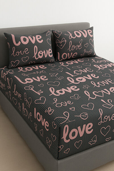 GOOD MORNİNG PAMUKKALE Love Desen Battal Elastic Sheet Set 180X200+(2 Pieces) Pillowcases
