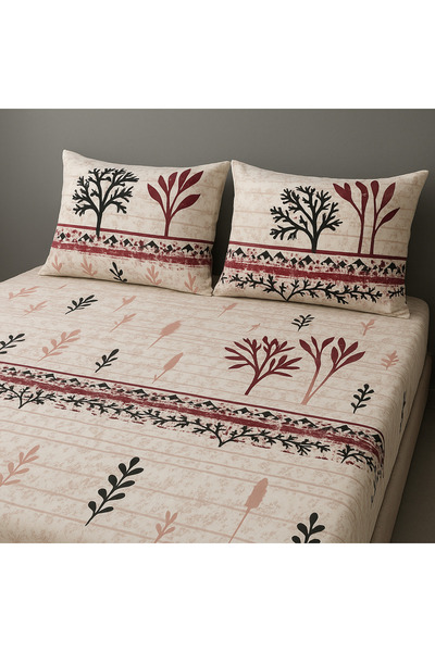 GOOD MORNİNG PAMUKKALE Red Branch Pattern Battal Elastic Sheet Set (180X200) + 2 Pillowcases