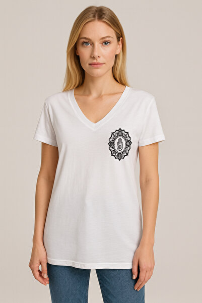 TWINTICKS White Yoga Mandala Printed V-Neck Women's T-Shirt – White Cotton Relaxed Fit