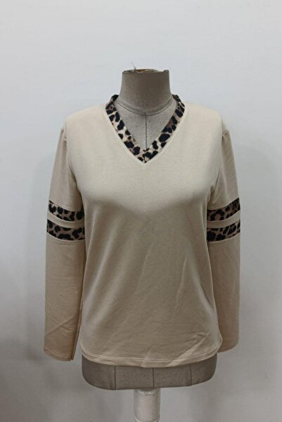 Mossta Μπλούζα με λεοπάρ λεπτομέρεια με λαιμόκοψη σε σχήμα V από βισκόζη με δύο κλωστές - Μπεζ
