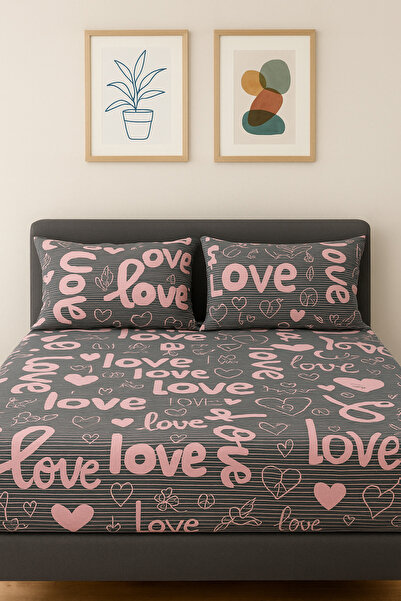 GOOD MORNİNG PAMUKKALE Love Desen Battal Elastic Sheet Set 180X200+(2 Pieces) Pillowcases