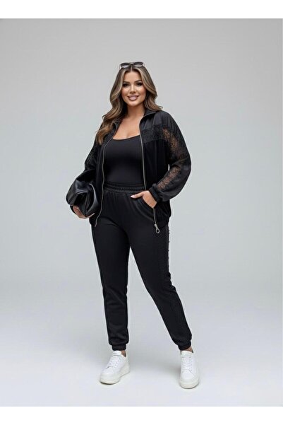 Koza Butik Women's Plus Size Guipure Detailed Zippered Scuba Tracksuit Set 8217-26