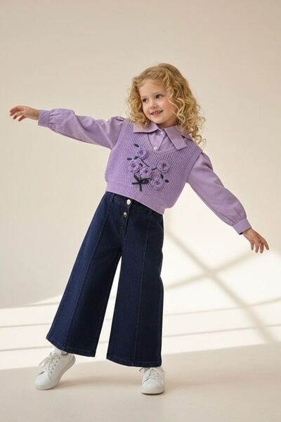 Minigimin Cicileri My Little Girl's 3-Piece Set with Flower Detail Knitted Sweater - Purple