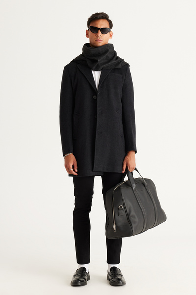ALTINYILDIZ CLASSICS Men's Anthracite Standard Fit Regular Cut Mono Collar Wool Coat