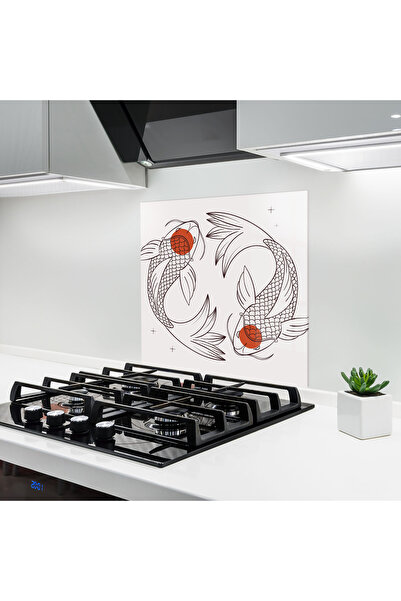Arthub Kitchen Glass Panel, Stove Protection, Heat Resistant, Feng-shui, Koi Yinyang Art
