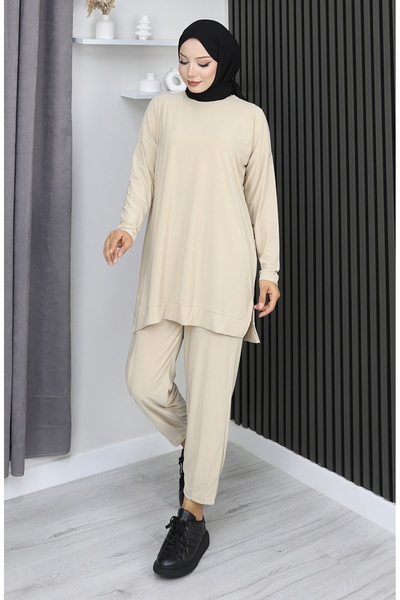 sefamerve Σετ Παντελόνι Τουνίκ από Ύφασμα Sandy Διπλό 20061-03 Μπεζ