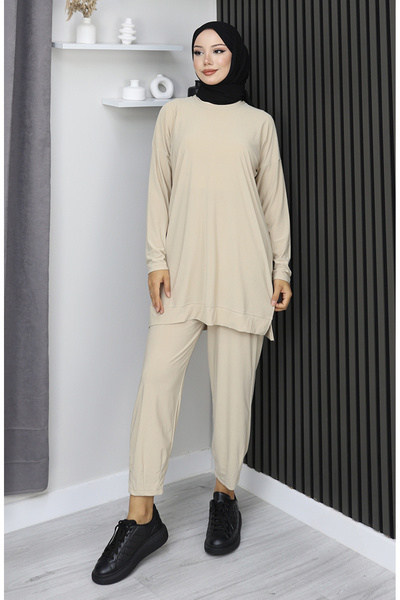 sefamerve Σετ Παντελόνι Τουνίκ από Ύφασμα Sandy Διπλό 20061-03 Μπεζ