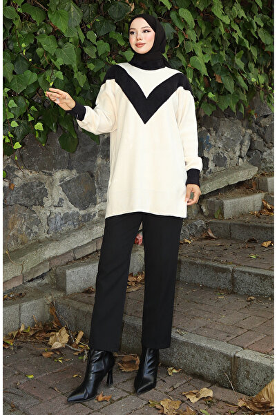 sefamerve Πλεκτό V Μοτίβο συνδυασμός υφασμάτων Τουνίκ 3017-09 Μπεζ