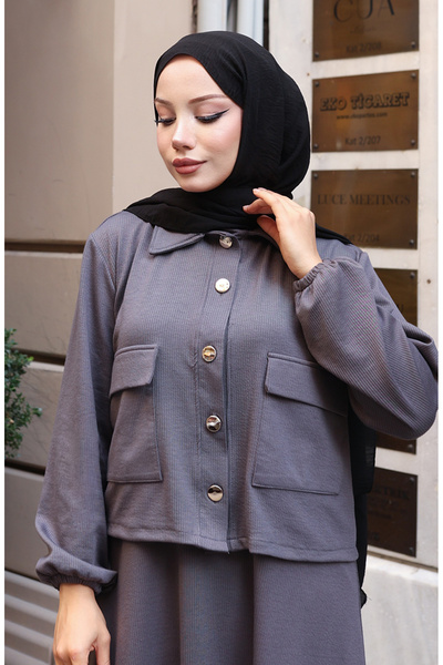 sefamerve Corded Fabric Button Jacket Dress Hijab Suit 0219-06 Anthracite
