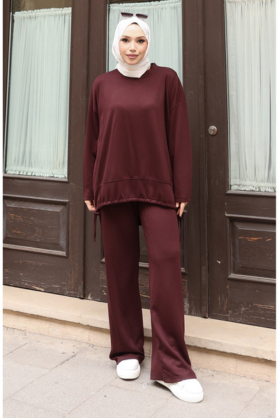 sefamerve Lace Detailed Hijab Trouser Suit 2175-04 Brown