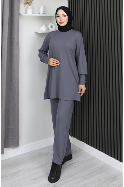 sefamerve Παντελόνι από ύφασμα Bürümcük Τούνικ Διπλό Σετ 20024A-01 Γκρι