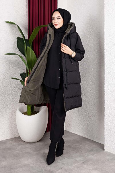 MİSSKAYLE Φουσκωτό γιλέκο χακί με κουκούλα διπλής όψης