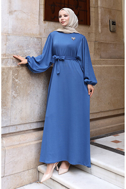 sefamerve Corded Fabric Hijab Dress with Brooch and Lace Detail 0220-06 Indigo