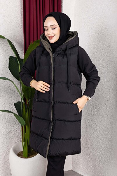 MİSSKAYLE Φουσκωτό γιλέκο χακί με κουκούλα διπλής όψης