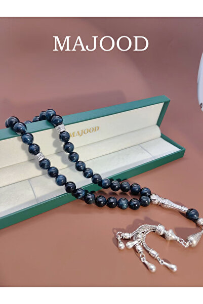 MAJOOD 33 مسبحة صلاة من حجر عين النمر الأزرق المرصع بالنجوم الحقيقية/سبحة/10 مم/للرجال والنساء