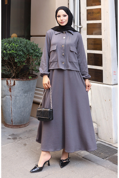 sefamerve Corded Fabric Button Jacket Dress Hijab Suit 0219-06 Anthracite