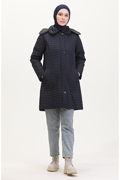 sefamerve Μεγάλο μέγεθος με κουκούλα Παλτό Καπιτονέ 6132-03 Ναυτικό Μπλε