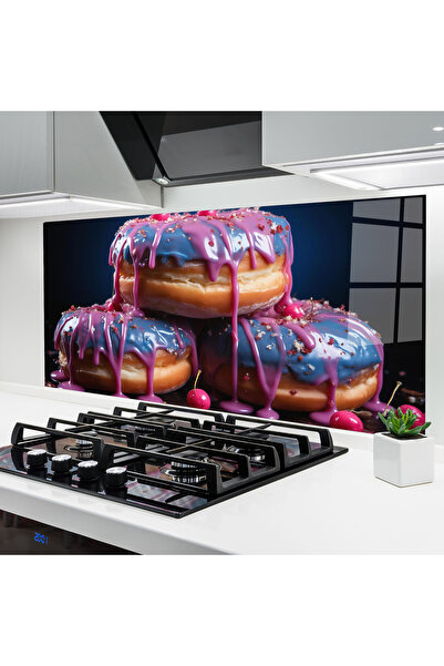 Arthub Panou Sticla Bucatarie, Protectie aragaz, Termorezistent, Alimente, Blue Pink Donuts