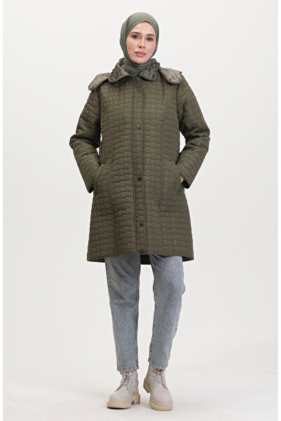 sefamerve Μεγάλο μέγεθος με κουκούλα Παλτό Καπιτονέ 6132-02 Χακί