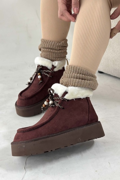 Shoebutik Γυναικείες μπότες Juno Bitter Brown με λεπτομέρεια από γούνα με κορδόνια