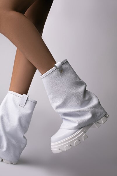 Vanilla Days White Genuine Leather High-Top Boots with Cuff
