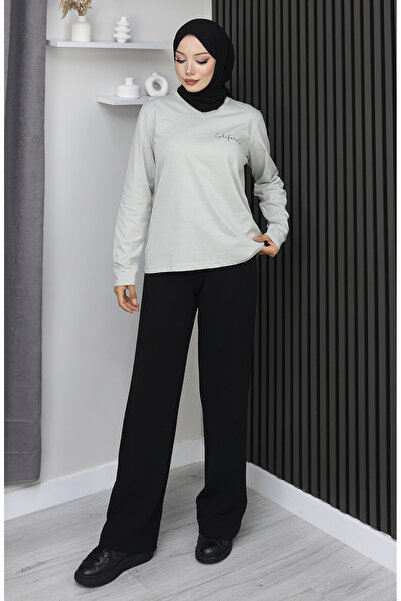 sefamerve Ψηφιακή με τύπωμα Βαμβακερή Μπλούζα 1071-01 Πέτρα