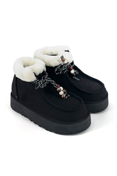 Shoebutik Γυναικείες μπότες Juno με μαύρη γούνα με λεπτομέρεια με κορδόνια