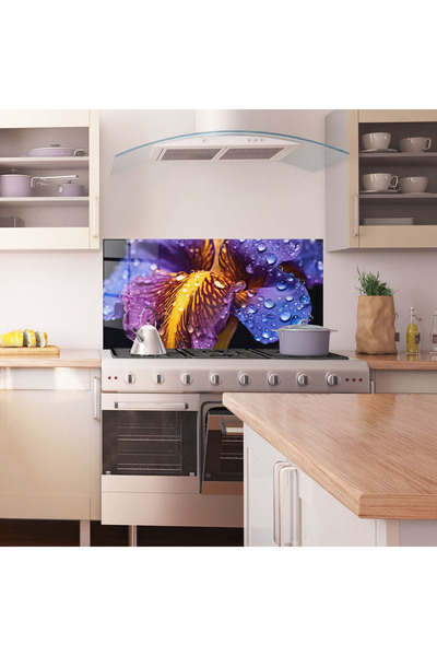 Arthub Kitchen Glass Panel, Stove Protection, Heat Resistant, Flowers, Close Up Iris After Rain