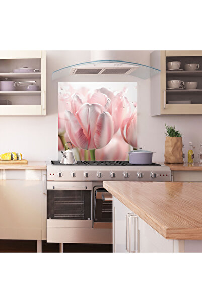 Arthub Kitchen Glass Panel, Stove Protection, Heat Resistant, Flowers, Pink Pretty Tulips
