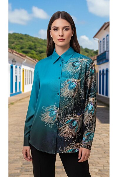 Gönülden Tasarım Peacock Patterned Women's Shirt L/Xl