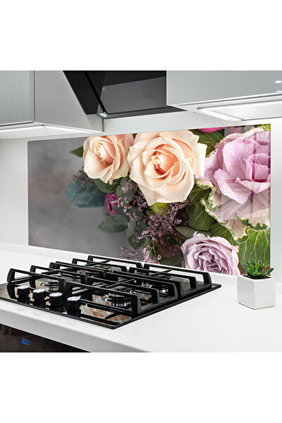 Arthub Panou Sticla Bucatarie, Protectie aragaz, Termorezistent, Flori, Cream...