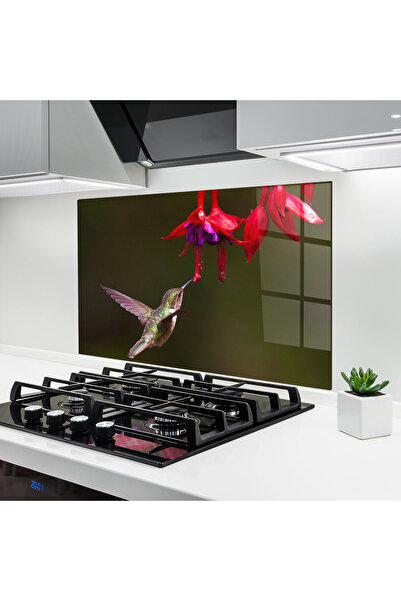 Arthub Kitchen Glass Panel, Stove Protection, Heat Resistant, Flowers, Exotic Flower Bird
