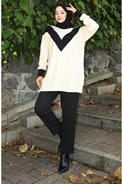 sefamerve Πλεκτό V Μοτίβο συνδυασμός υφασμάτων Τουνίκ 3017-09 Μπεζ