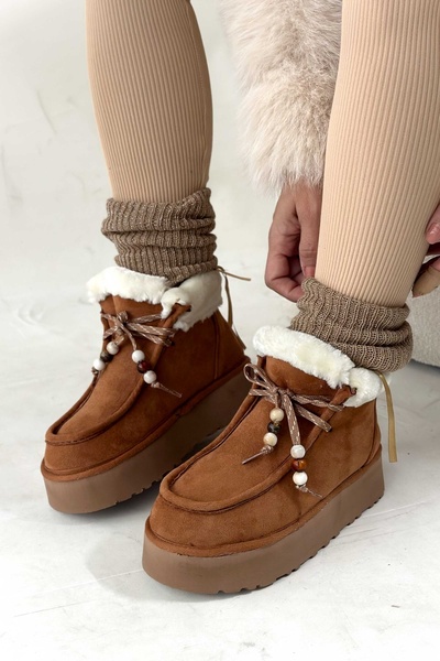 Shoebutik Γυναικείες μπότες Juno Tan με λεπτομέρεια από γούνα με κορδόνια