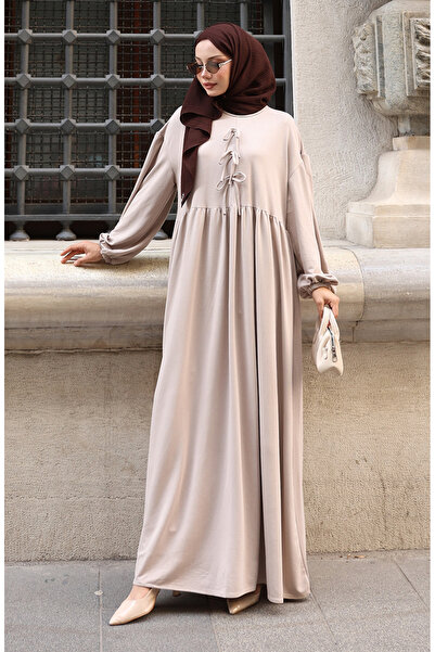 sefamerve Lace Detailed Comfortable Cut Hijab Dress 2171-01 Mink