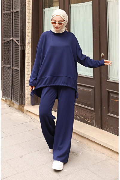 sefamerve Lace Detailed Hijab Trouser Suit 2175-01 Navy Blue