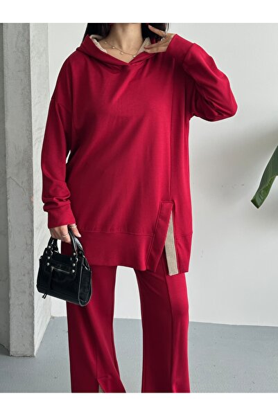 Moda İkra Women's Slit and Hoodie Bottom Top Set